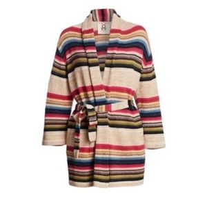 Figue Camille wrap sweater with shawl collar and self tie belt.